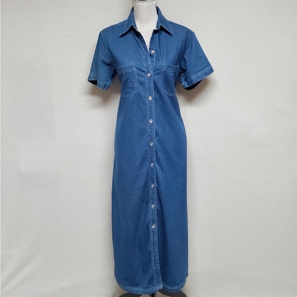 VINTAGE 1990s Sunbelt Cotton Denim Short Sleeve Loose Fit Button Down Maxi Dress